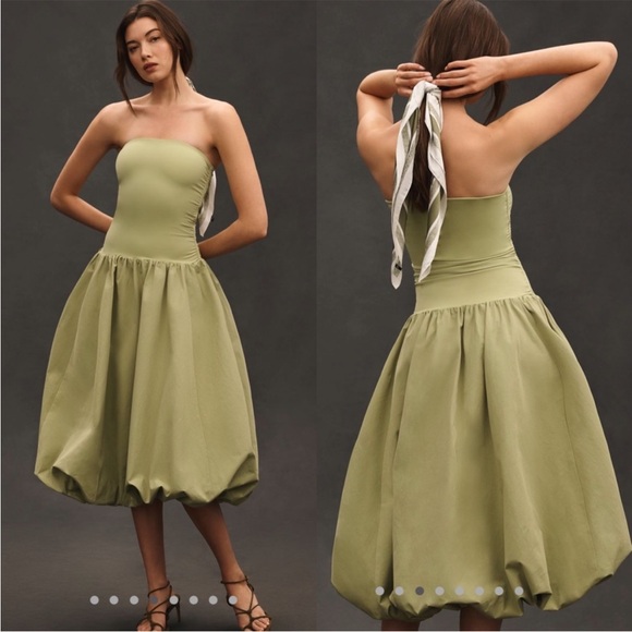 Anthropologie Mare Mare Strapless Drop Waist Bubble Midi Dress Green Large NEW - Picture 2 of 4